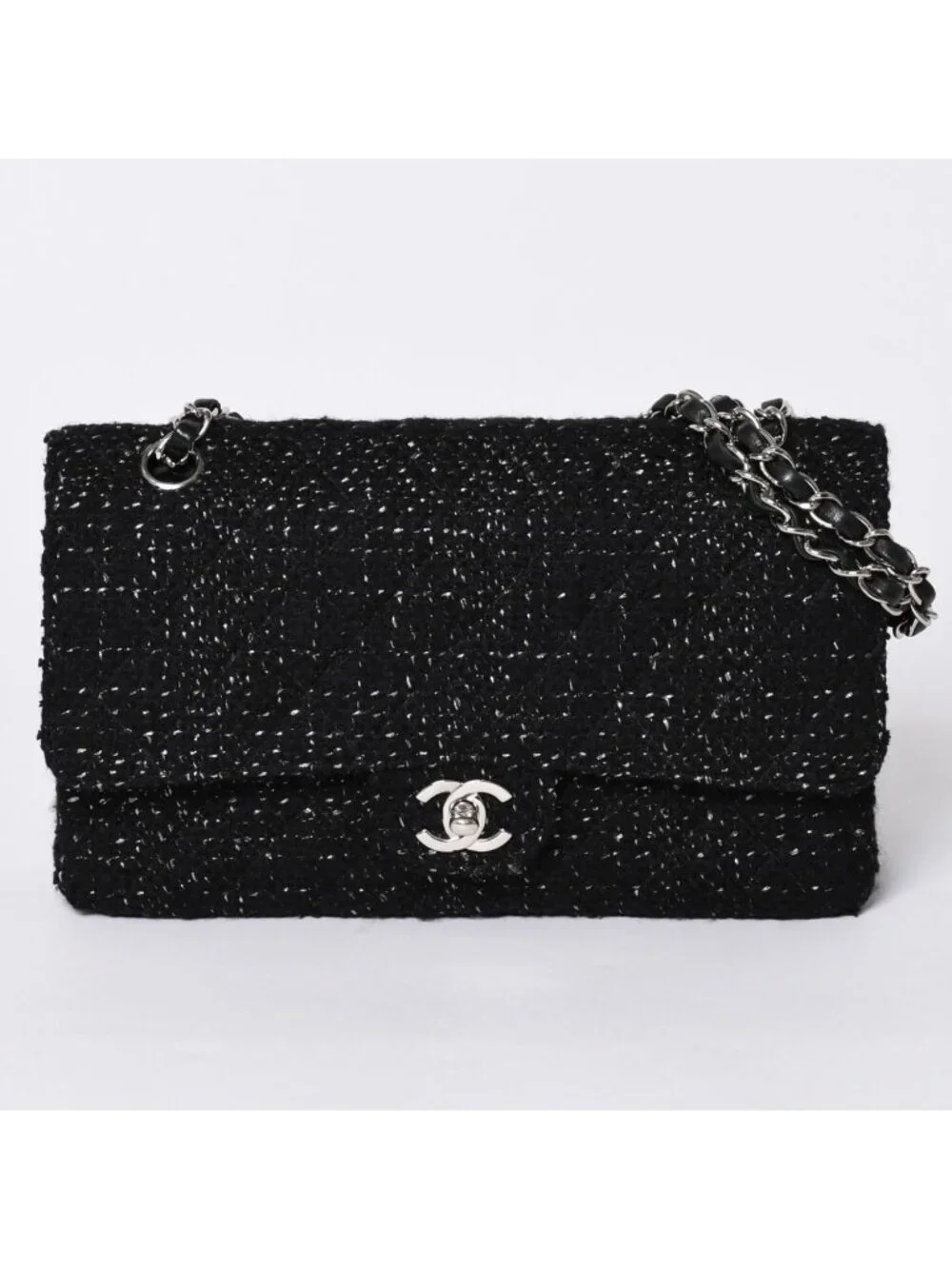 Chanel Quilted 25 Double Flap Chain Shoulder Bag CC Logo Tweed Leather Black